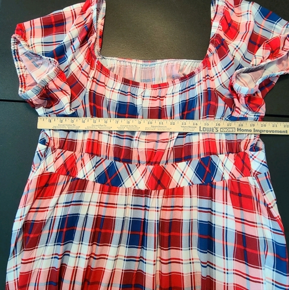Torrid Challis Puff Sleeve Tiered Maxi Dress Plaid Red & Blue 3X 22/24 Americana - Picture 13 of 15